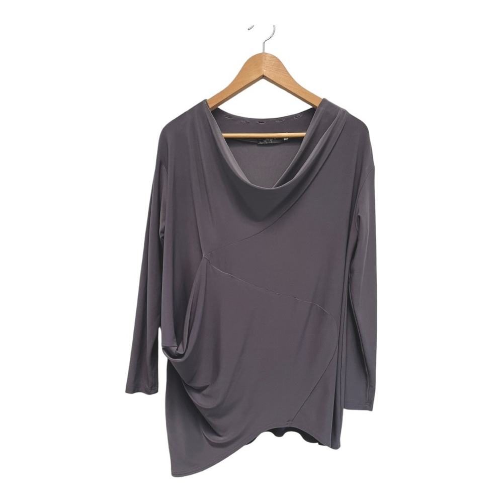 Sympli Gray Asymmetrical Cowl Or Convertible Higher Neck Tunic Top Pocket 6